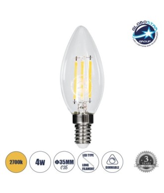 GLOBOSTAR® CANDLE 99001 Λάμπα Κεράκι E14 C35 LED 4W 400lm 360° AC 220-240V IP20 Θερμό Λευκό 2700K Dimmable - Long Filament Chip - Διάφανο - Μ3.5 x Π3.5 x Υ10.5cm - 3 Χρόνια Εγγύηση